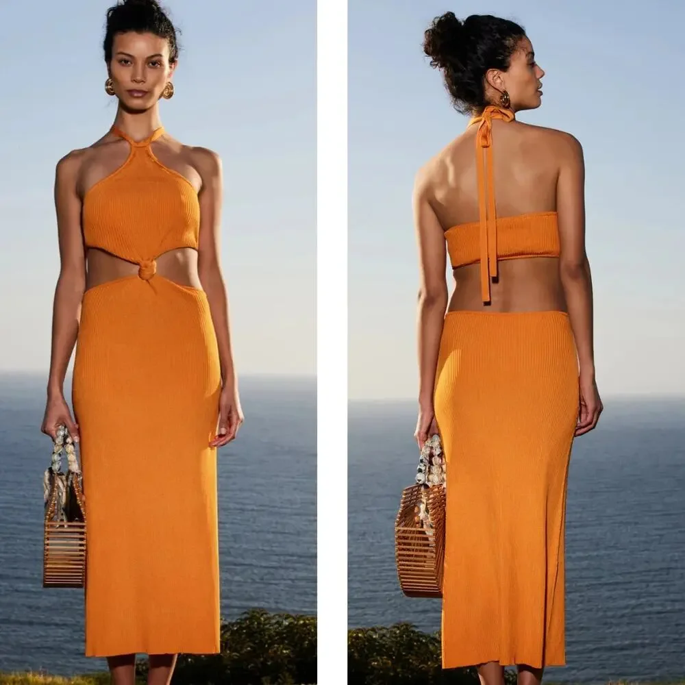 Cult Gaia Cameron Knit Cut Out Maxi Dress Large Orange NWT - Picture 4 of 9